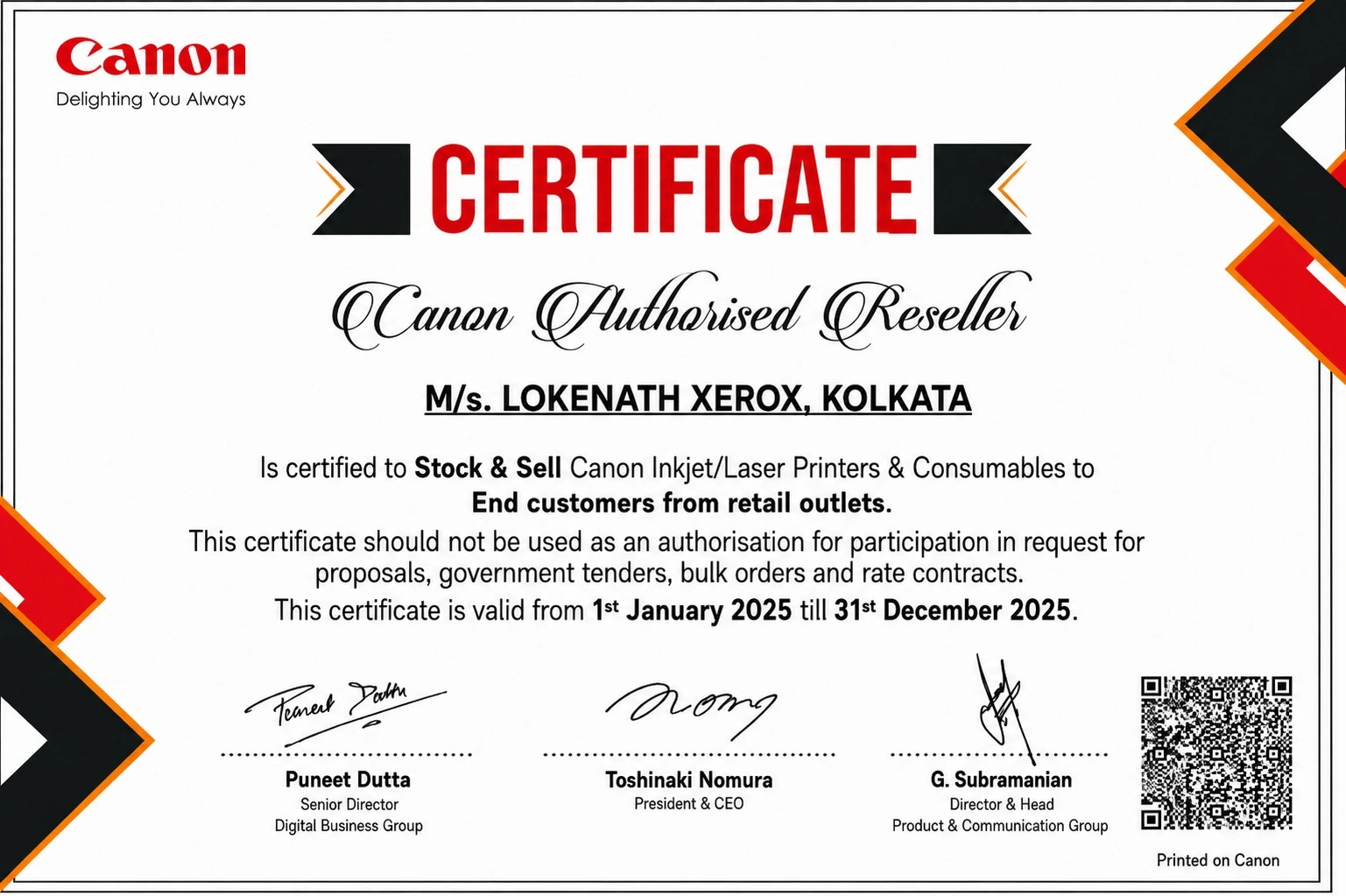 Canon Authorised Reseller certificate issued to Lokenath Xerox, Kolkata