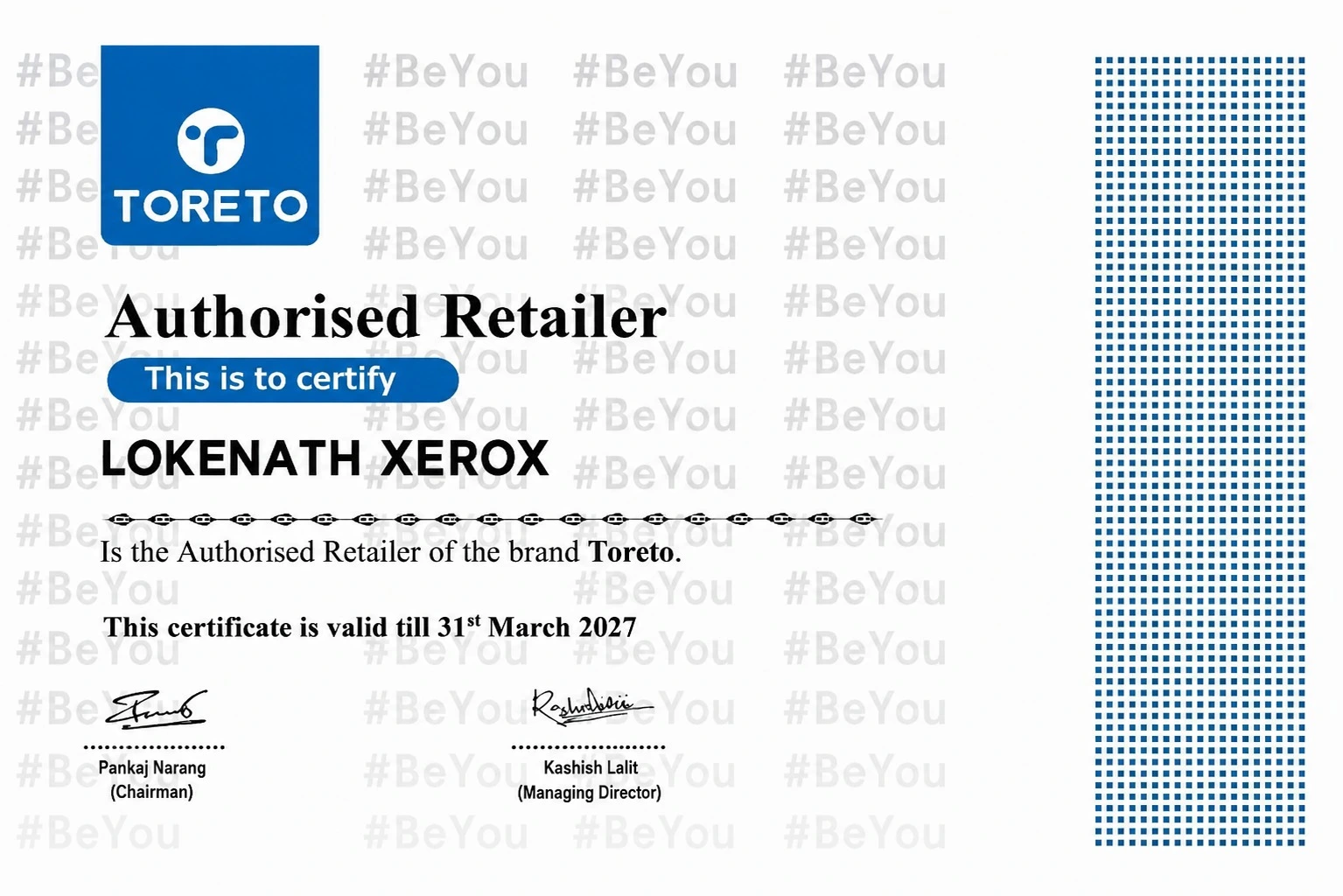 Toreto Authorised Retailer certificate issued to Lokenath Xerox, Kolkata